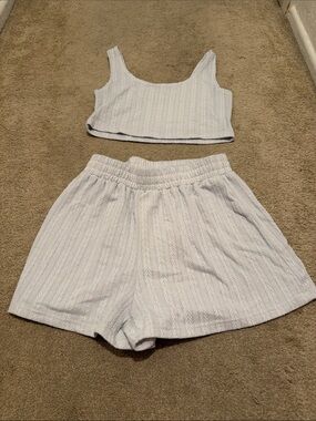 Light Gray Textured Knit Crop Top & Shorts Set